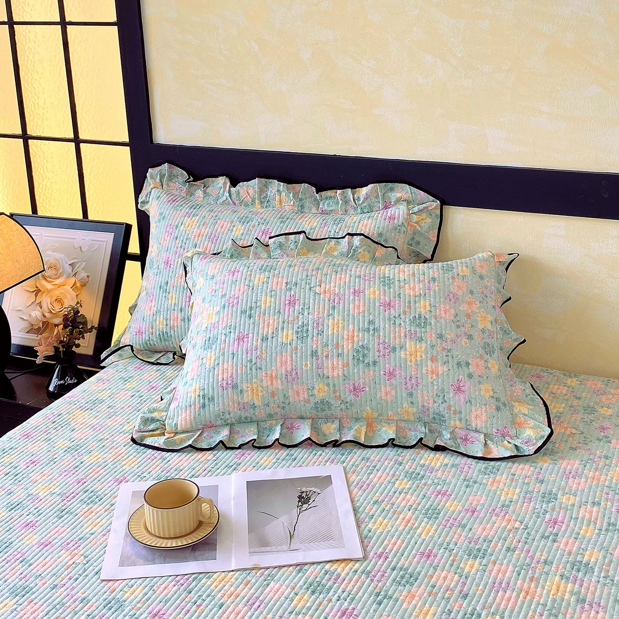 91家纺网 家纺一手货源 找家纺 雨彤家纺 2025新款A类云感公主风双层纱印花夹棉花边款枕套 浅若花落-公主风