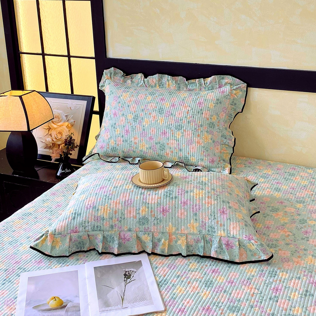 91家纺网 家纺一手货源 找家纺 雨彤家纺 2025新款A类云感公主风双层纱印花夹棉花边款枕套 浅若花落-公主风