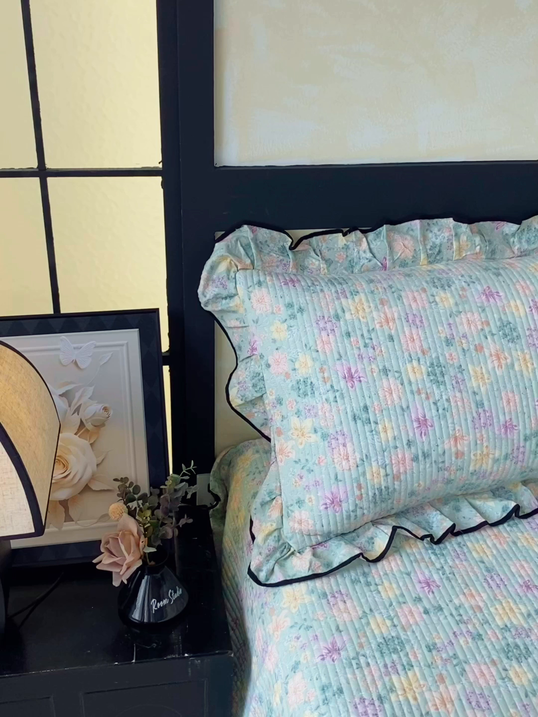 91家纺网 家纺一手货源 找家纺 雨彤家纺 2025新款A类云感公主风双层纱印花夹棉花边款枕套 浅若花落-公主风