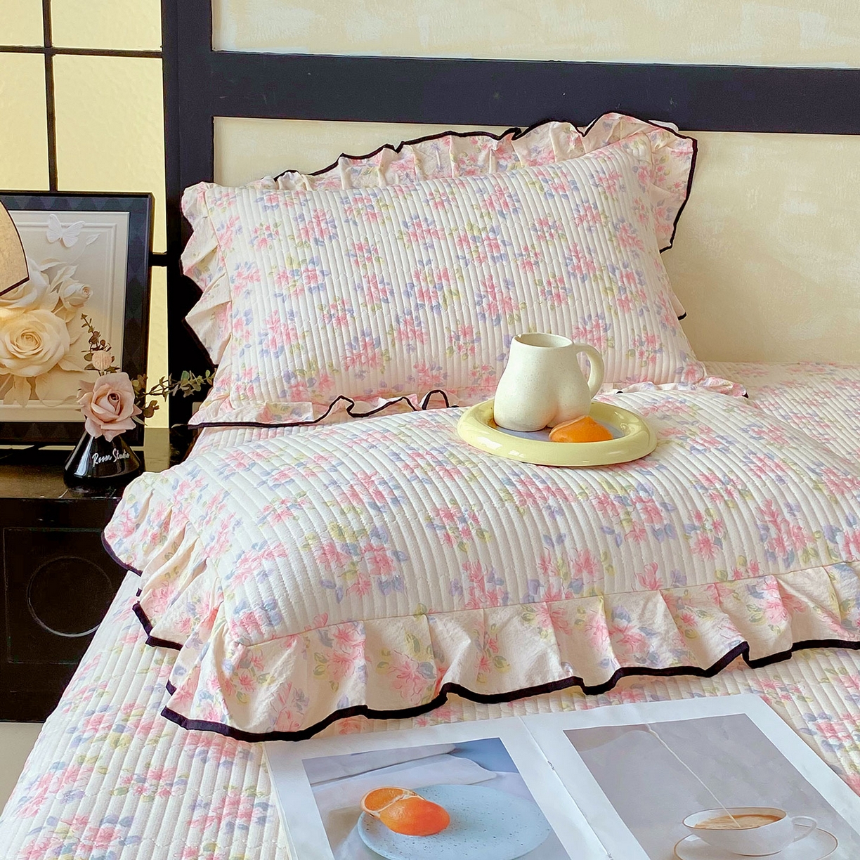 雨彤家纺 2025新款A类云感公主风双层纱印花夹棉花边款枕套 槐夏风清-公主风