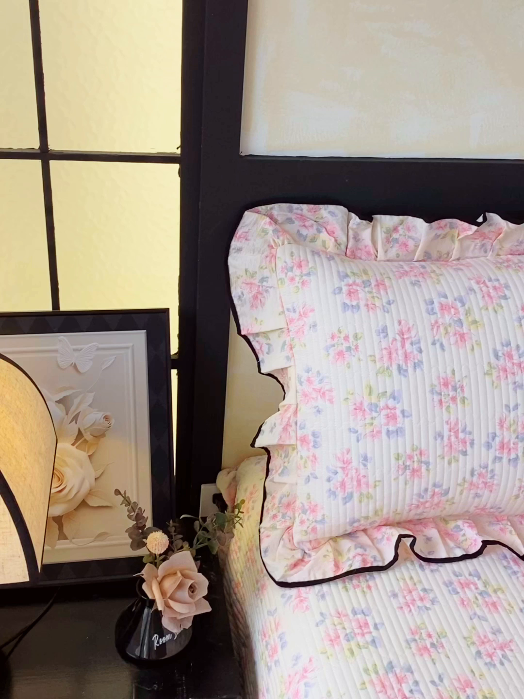 91家纺网 家纺一手货源 找家纺 雨彤家纺 2025新款A类云感公主风双层纱印花夹棉花边款枕套 槐夏风清-公主风