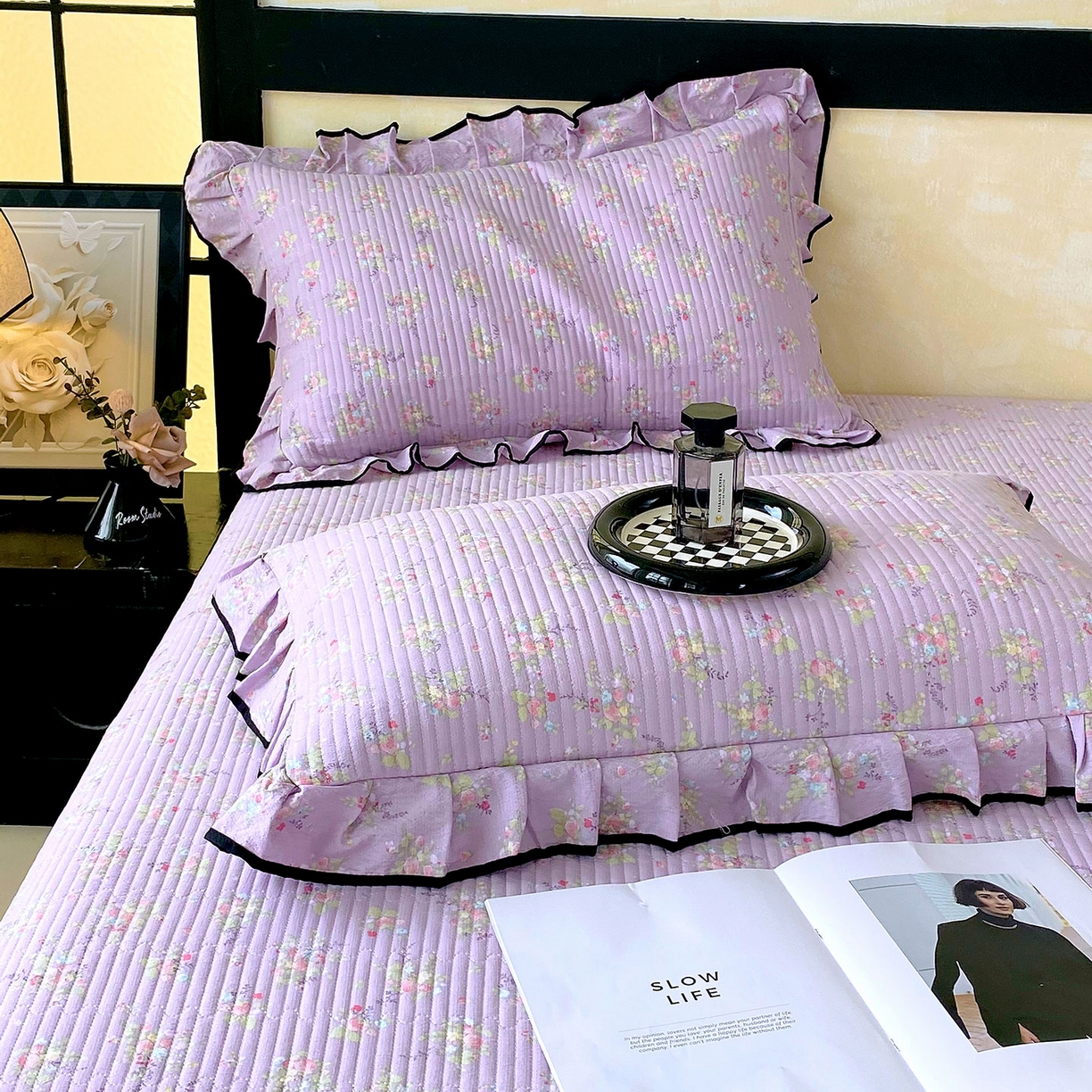 91家纺网 家纺一手货源 找家纺 雨彤家纺 2025新款A类云感公主风双层纱印花夹棉花边款枕套 兰心幽怀-公主风