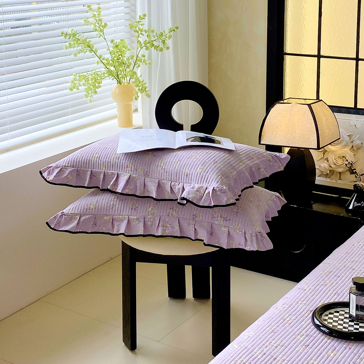 91家纺网 家纺一手货源 找家纺 雨彤家纺 2025新款A类云感公主风双层纱印花夹棉花边款枕套 兰心幽怀-公主风