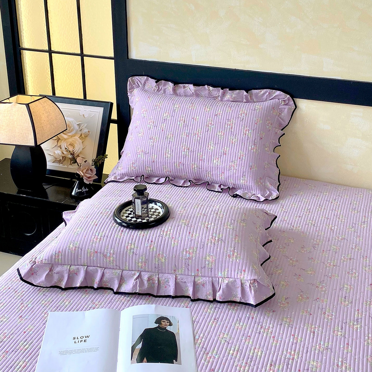 91家纺网 家纺一手货源 找家纺 雨彤家纺 2025新款A类云感公主风双层纱印花夹棉花边款枕套 兰心幽怀-公主风