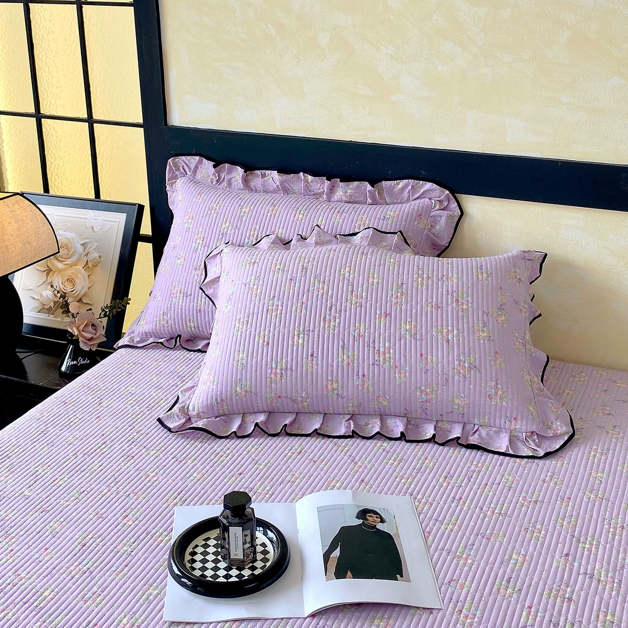 91家纺网 家纺一手货源 找家纺 雨彤家纺 2025新款A类云感公主风双层纱印花夹棉花边款枕套 兰心幽怀-公主风