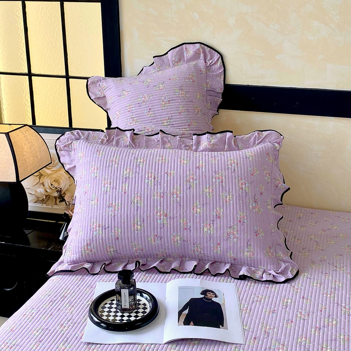 91家纺网 家纺一手货源 找家纺 雨彤家纺 2025新款A类云感公主风双层纱印花夹棉花边款枕套 兰心幽怀-公主风