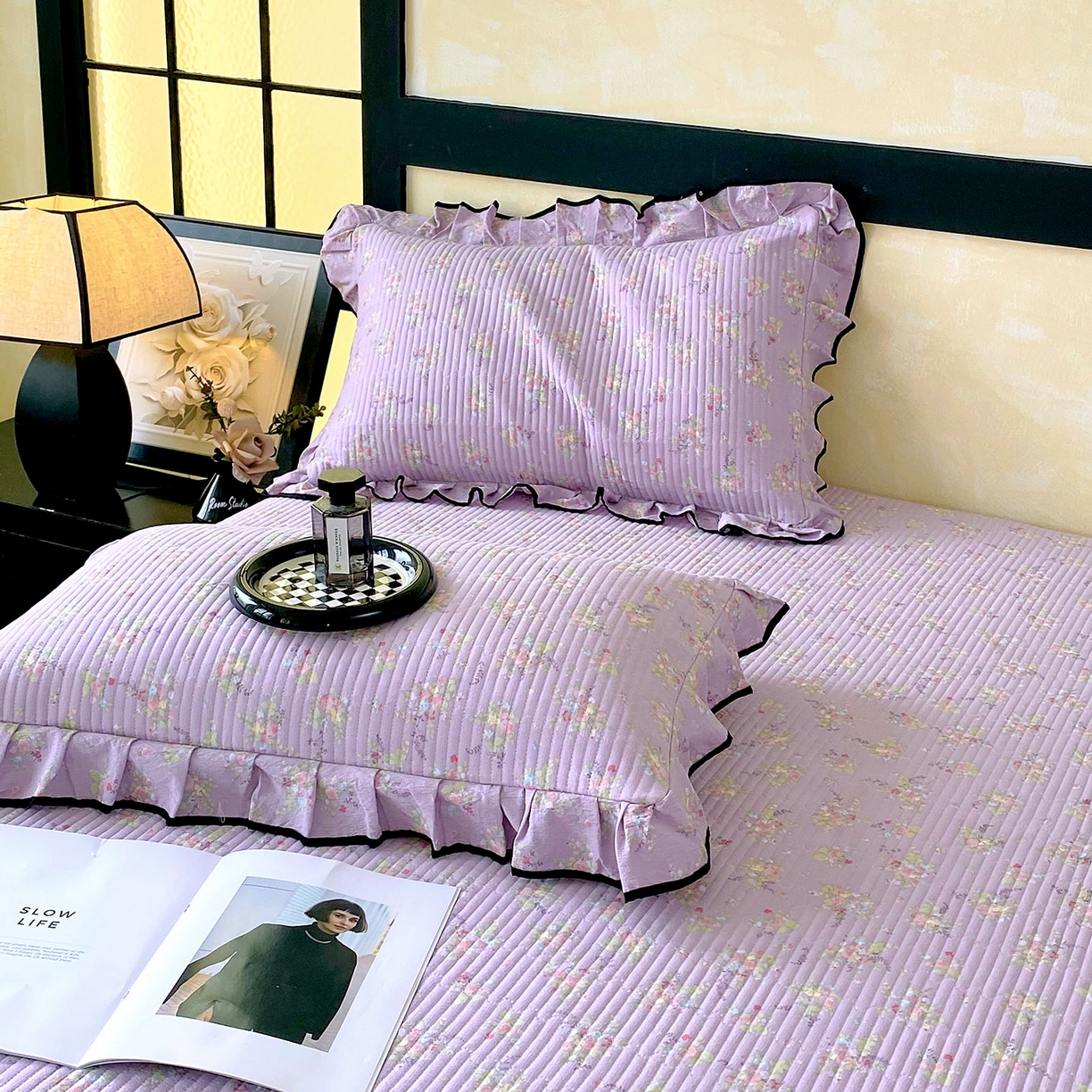 91家纺网 家纺一手货源 找家纺 雨彤家纺 2025新款A类云感公主风双层纱印花夹棉花边款枕套 兰心幽怀-公主风