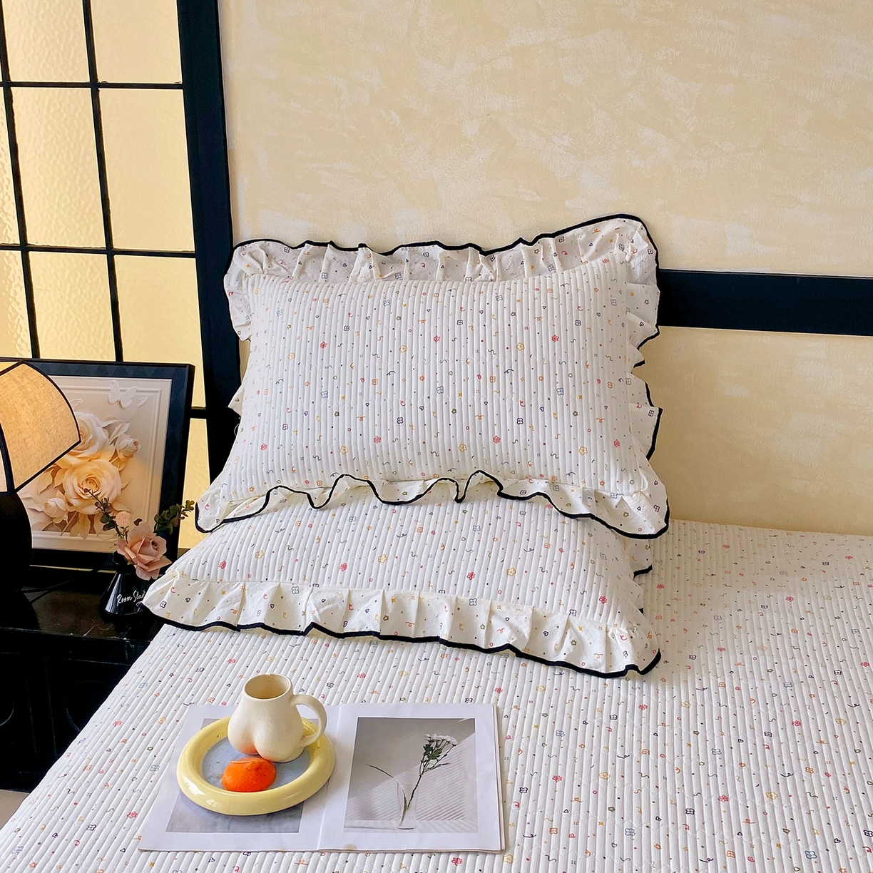 雨彤家纺 2025新款A类云感公主风双层纱印花夹棉花边款枕套 小确幸-公主风