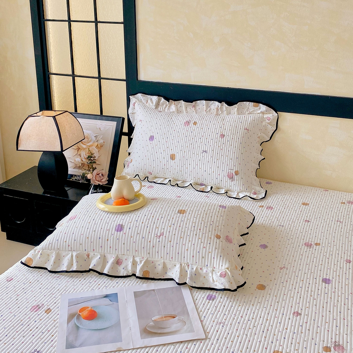 91家纺网 家纺一手货源 找家纺 雨彤家纺 2025新款A类云感公主风双层纱印花夹棉花边款枕套 点点莓果-公主风