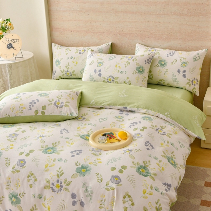 91家纺网 家纺一手货源 找家纺 宇彬家纺 2025直播新款13070全棉纯棉印花单双人被套喷气小清新简约热款学生被罩花韵花香 绿