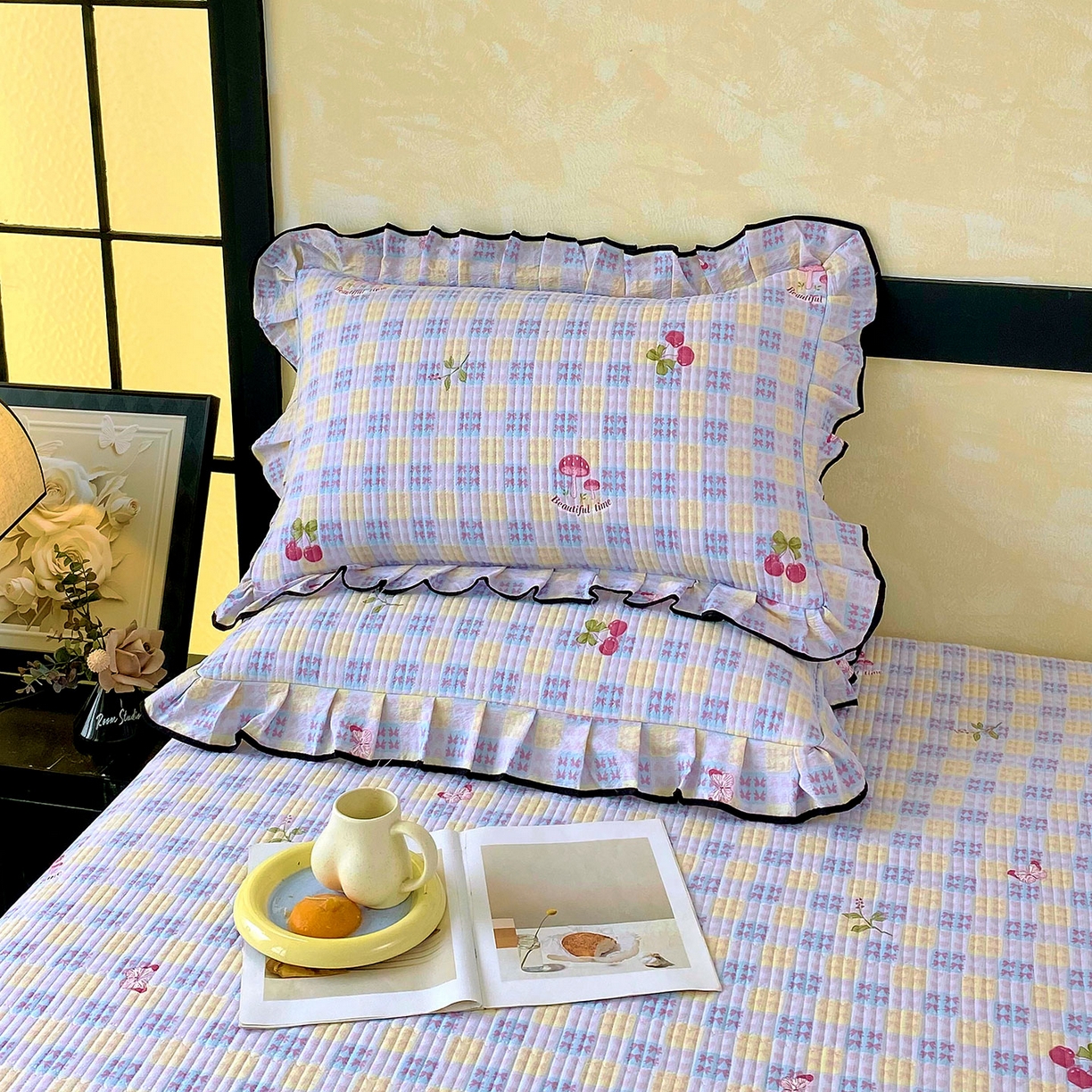 雨彤家纺 2025新款A类云感公主风双层纱印花夹棉花边款枕套 森田原野-公主风