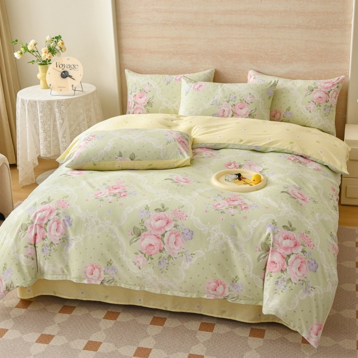 91家纺网 家纺一手货源 找家纺 宇彬家纺 2025直播新款13070全棉纯棉印花单双人被套喷气小清新简约热款学生被罩米绿韵粉黛