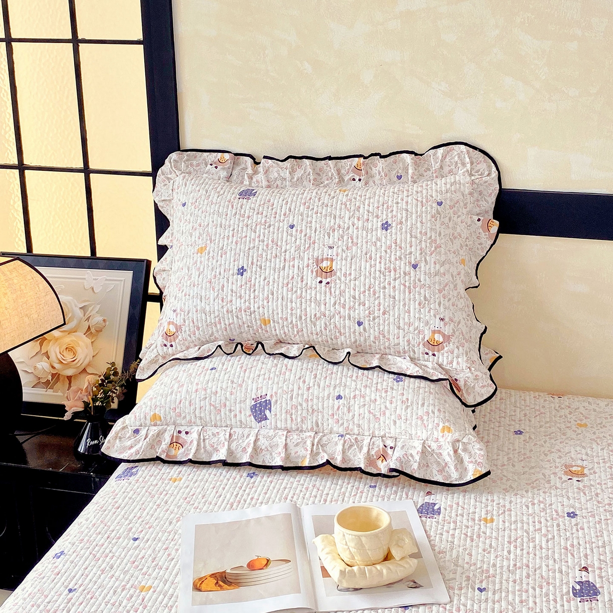 雨彤家纺 2025新款A类云感公主风双层纱印花夹棉花边款枕套 萌萌哒-公主风