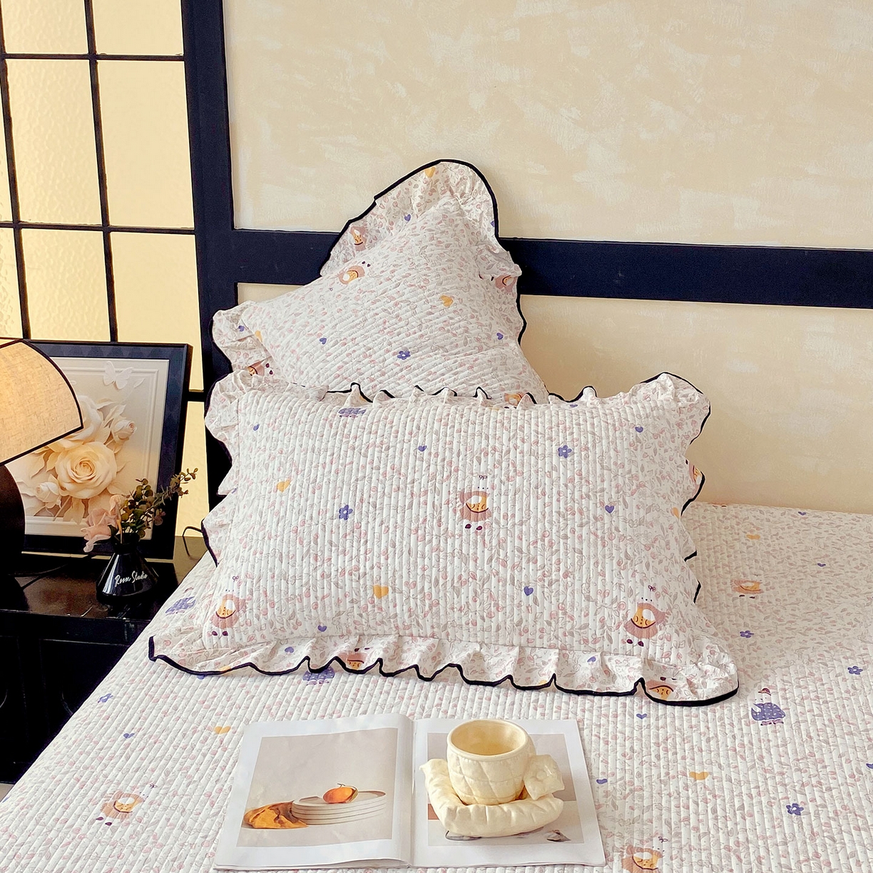 91家纺网 家纺一手货源 找家纺 雨彤家纺 2025新款A类云感公主风双层纱印花夹棉花边款枕套 萌萌哒-公主风