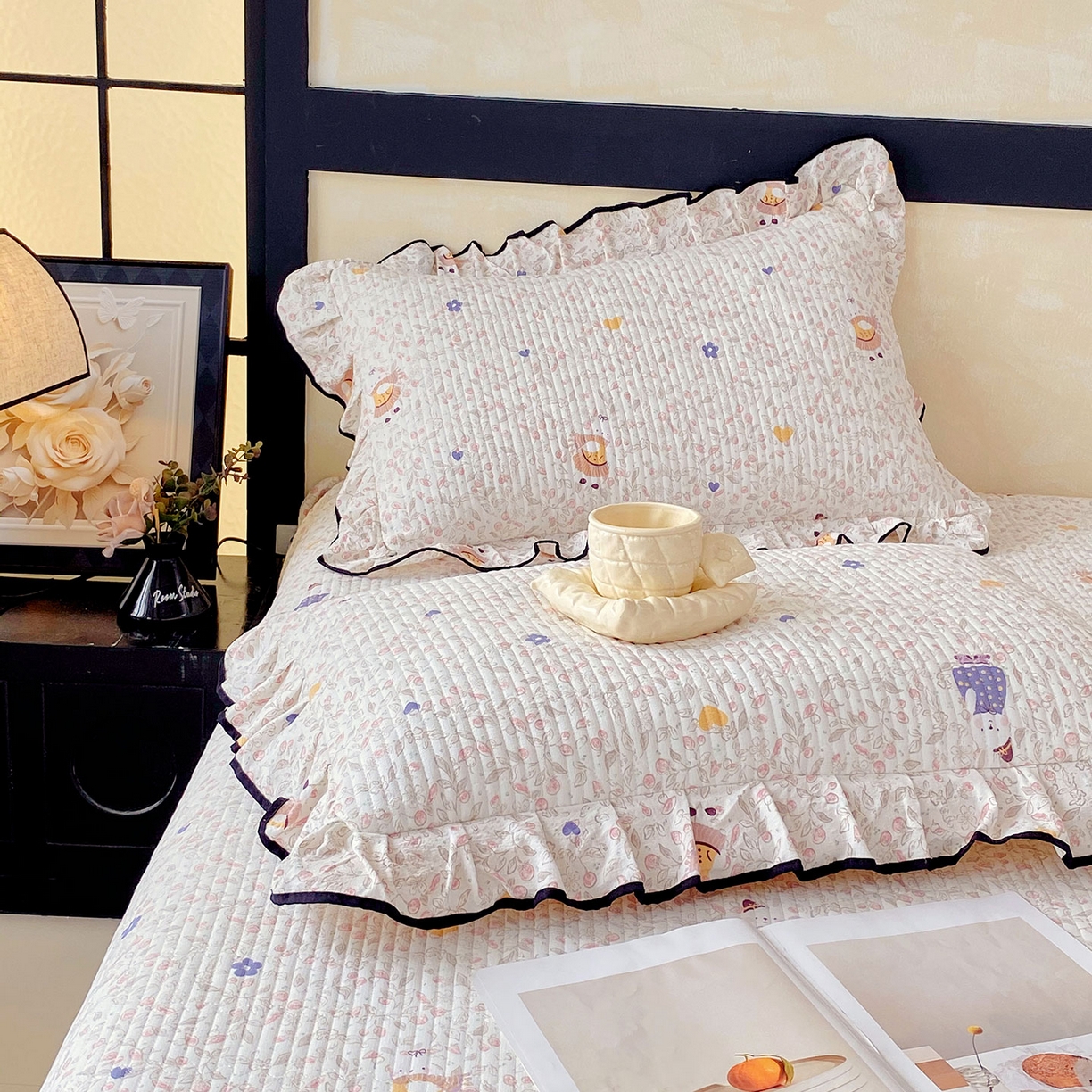 91家纺网 家纺一手货源 找家纺 雨彤家纺 2025新款A类云感公主风双层纱印花夹棉花边款枕套 萌萌哒-公主风