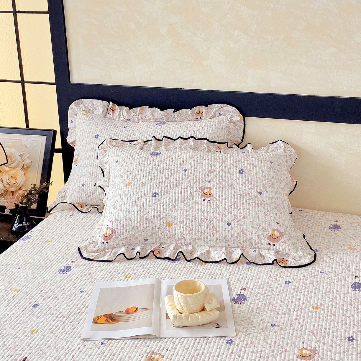 91家纺网 家纺一手货源 找家纺 雨彤家纺 2025新款A类云感公主风双层纱印花夹棉花边款枕套 萌萌哒-公主风