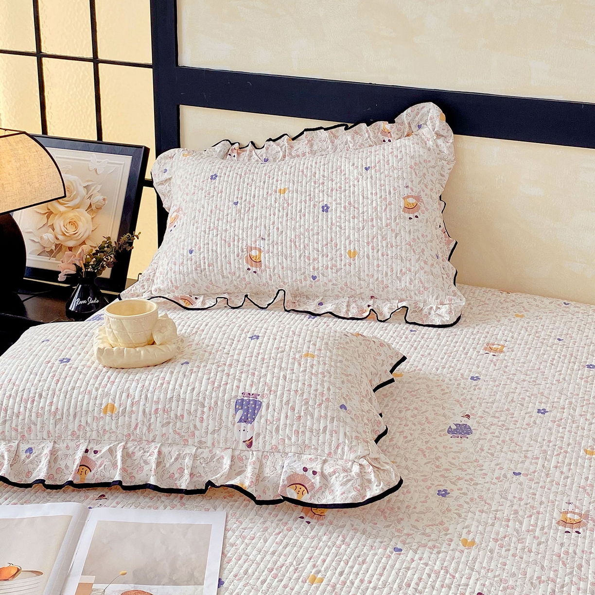 91家纺网 家纺一手货源 找家纺 雨彤家纺 2025新款A类云感公主风双层纱印花夹棉花边款枕套 萌萌哒-公主风