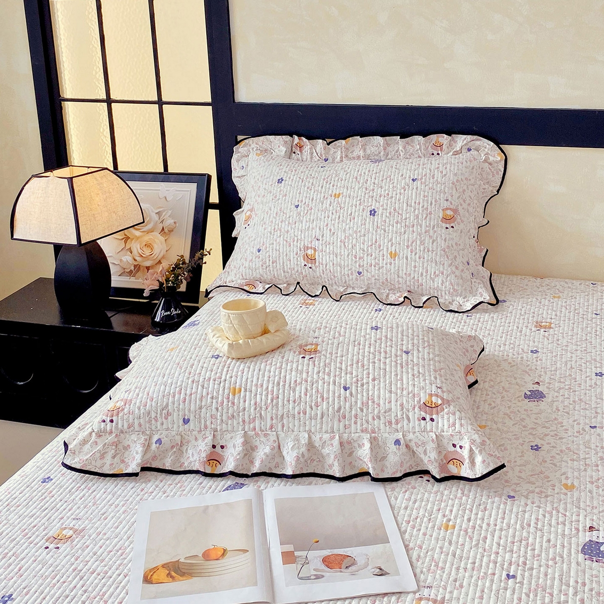 91家纺网 家纺一手货源 找家纺 雨彤家纺 2025新款A类云感公主风双层纱印花夹棉花边款枕套 萌萌哒-公主风