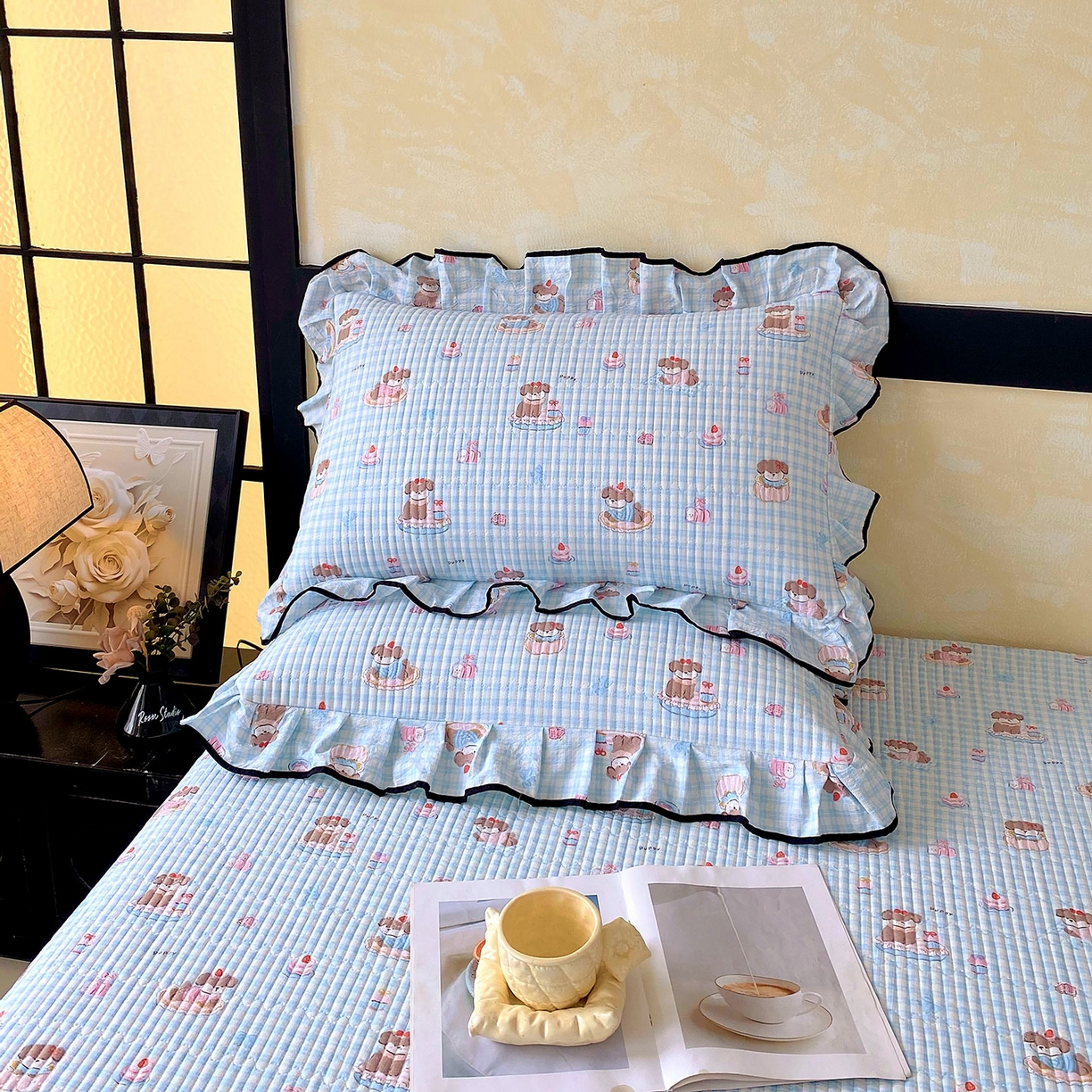 雨彤家纺 2025新款A类云感公主风双层纱印花夹棉花边款枕套 淘气狗-公主风