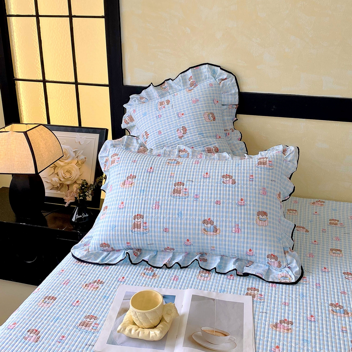 91家纺网 家纺一手货源 找家纺 雨彤家纺 2025新款A类云感公主风双层纱印花夹棉花边款枕套 淘气狗-公主风