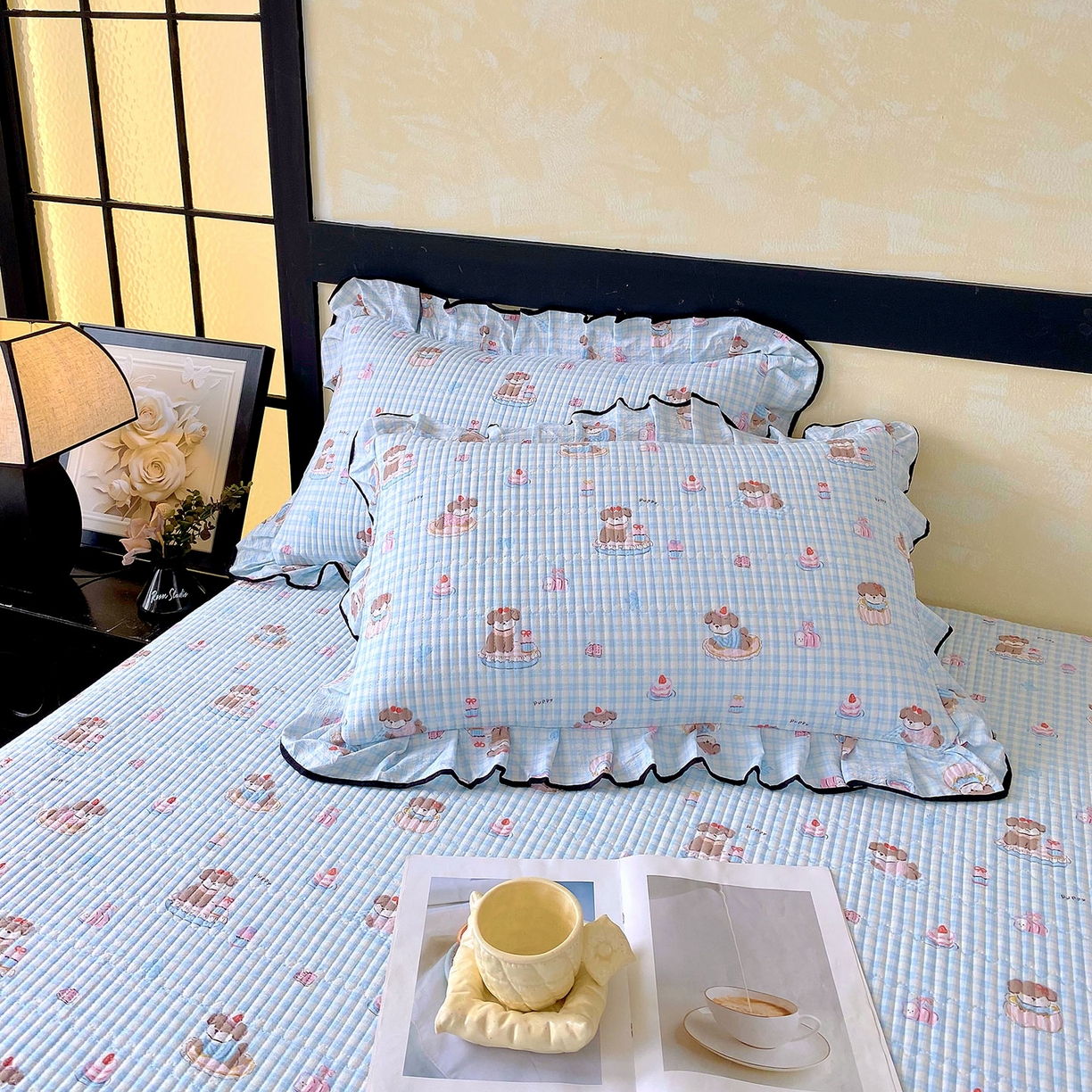 91家纺网 家纺一手货源 找家纺 雨彤家纺 2025新款A类云感公主风双层纱印花夹棉花边款枕套 淘气狗-公主风