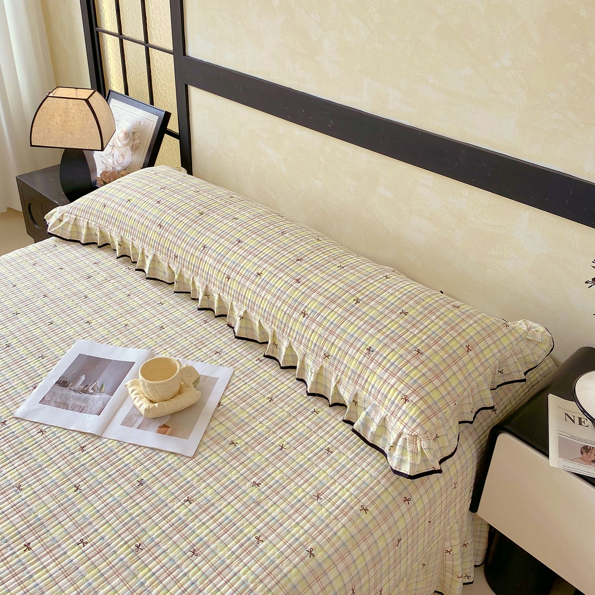 91家纺网 家纺一手货源 找家纺 雨彤家纺 2025新款A类公主风云感双层纱夹棉加长花边款枕套 格调蝴蝶结-公主风