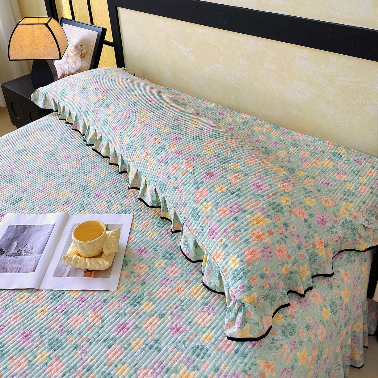 91家纺网 家纺一手货源 找家纺 雨彤家纺 2025新款A类公主风云感双层纱夹棉加长花边款枕套 浅若花落-公主风