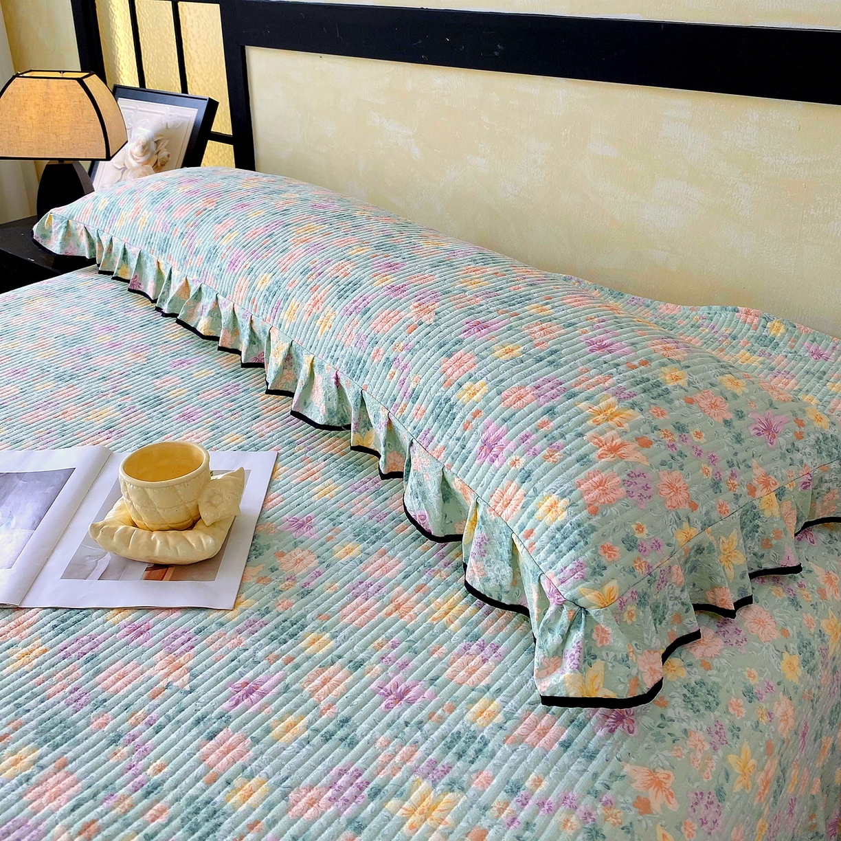 91家纺网 家纺一手货源 找家纺 雨彤家纺 2025新款A类公主风云感双层纱夹棉加长花边款枕套 浅若花落-公主风