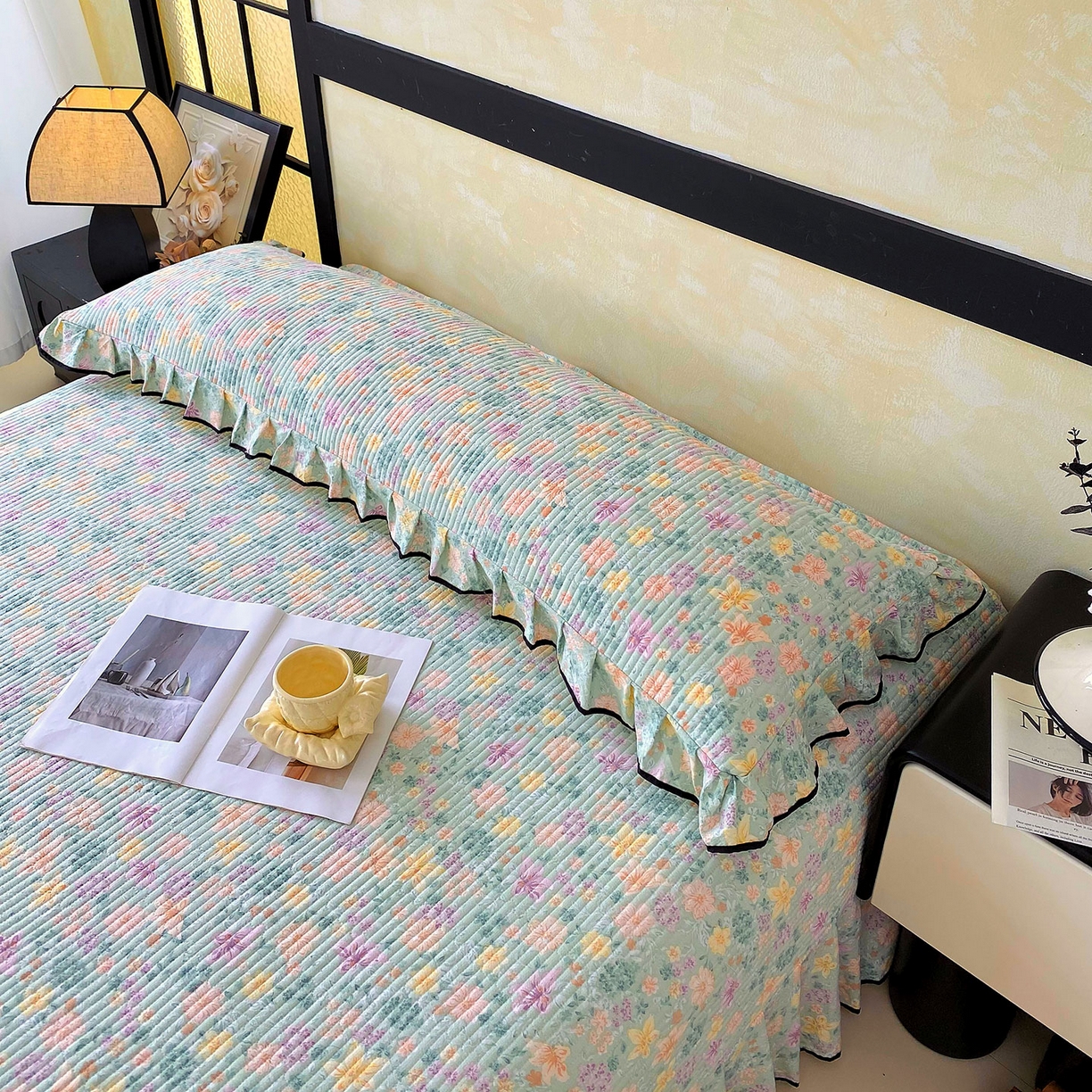 91家纺网 家纺一手货源 找家纺 雨彤家纺 2025新款A类公主风云感双层纱夹棉加长花边款枕套 浅若花落-公主风