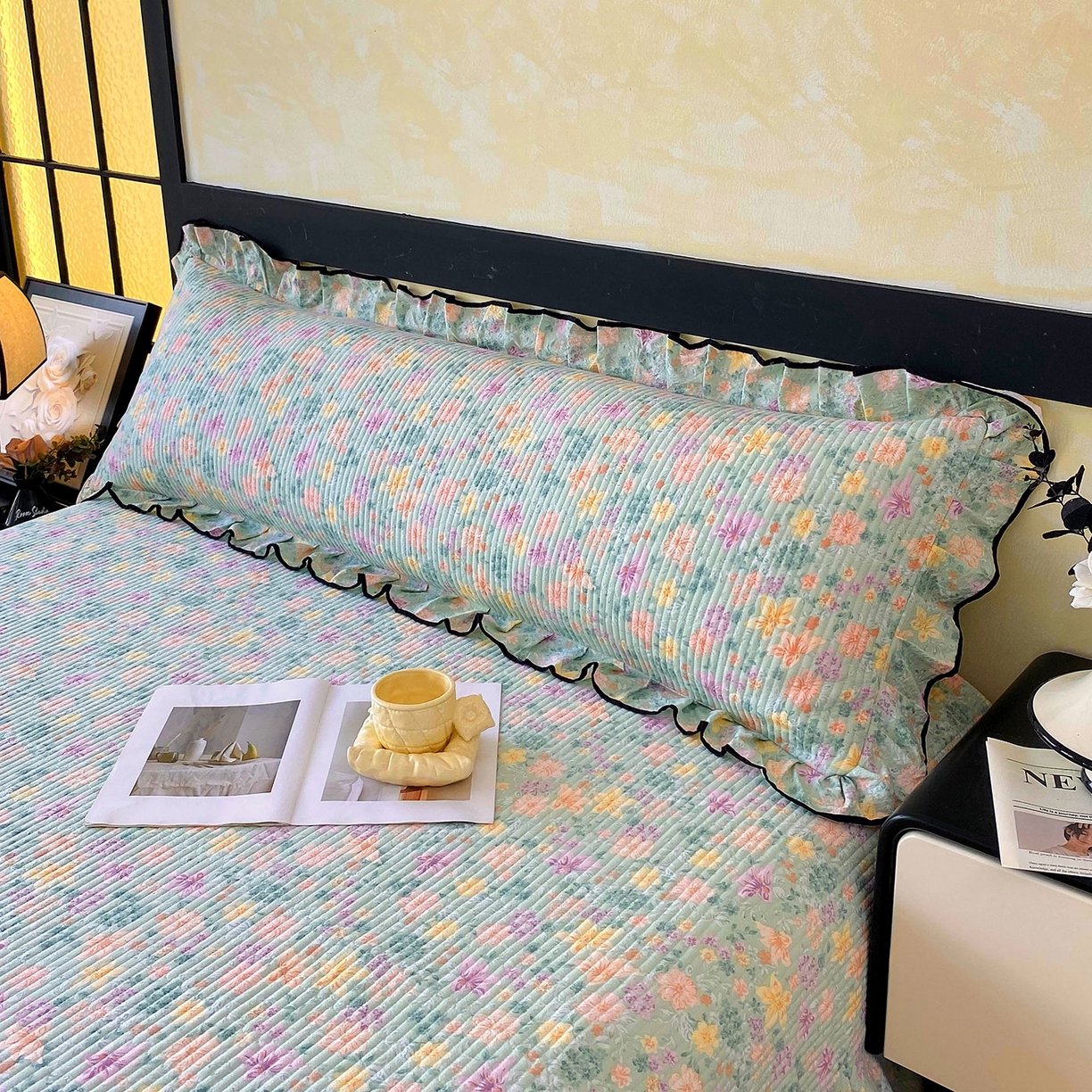 91家纺网 家纺一手货源 找家纺 雨彤家纺 2025新款A类公主风云感双层纱夹棉加长花边款枕套 浅若花落-公主风