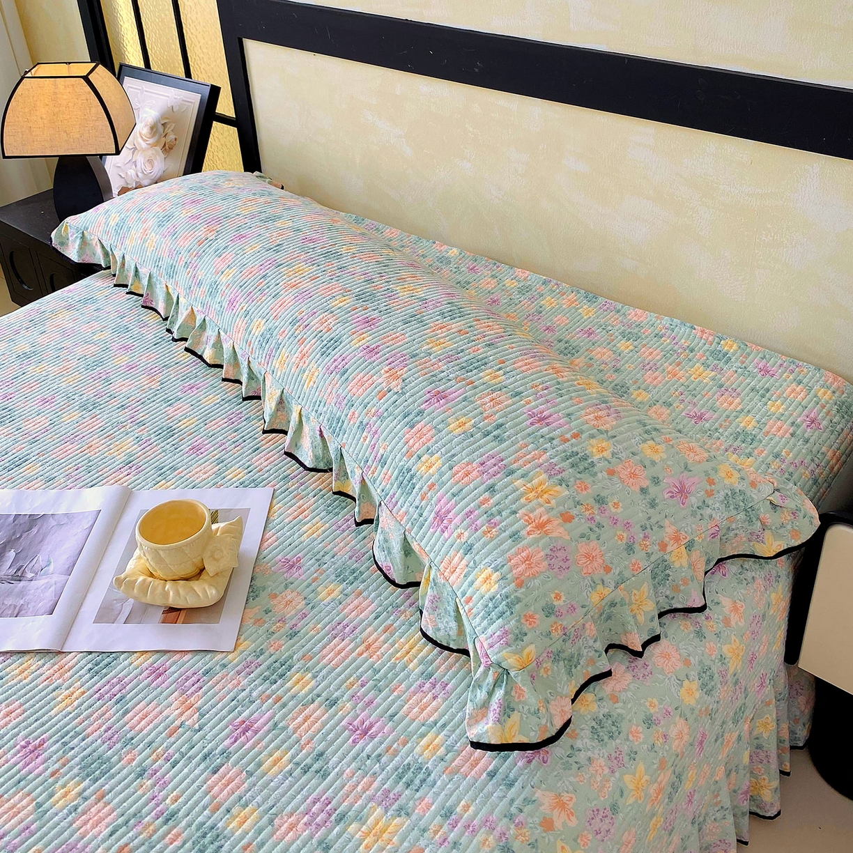 91家纺网 家纺一手货源 找家纺 雨彤家纺 2025新款A类公主风云感双层纱夹棉加长花边款枕套 浅若花落-公主风