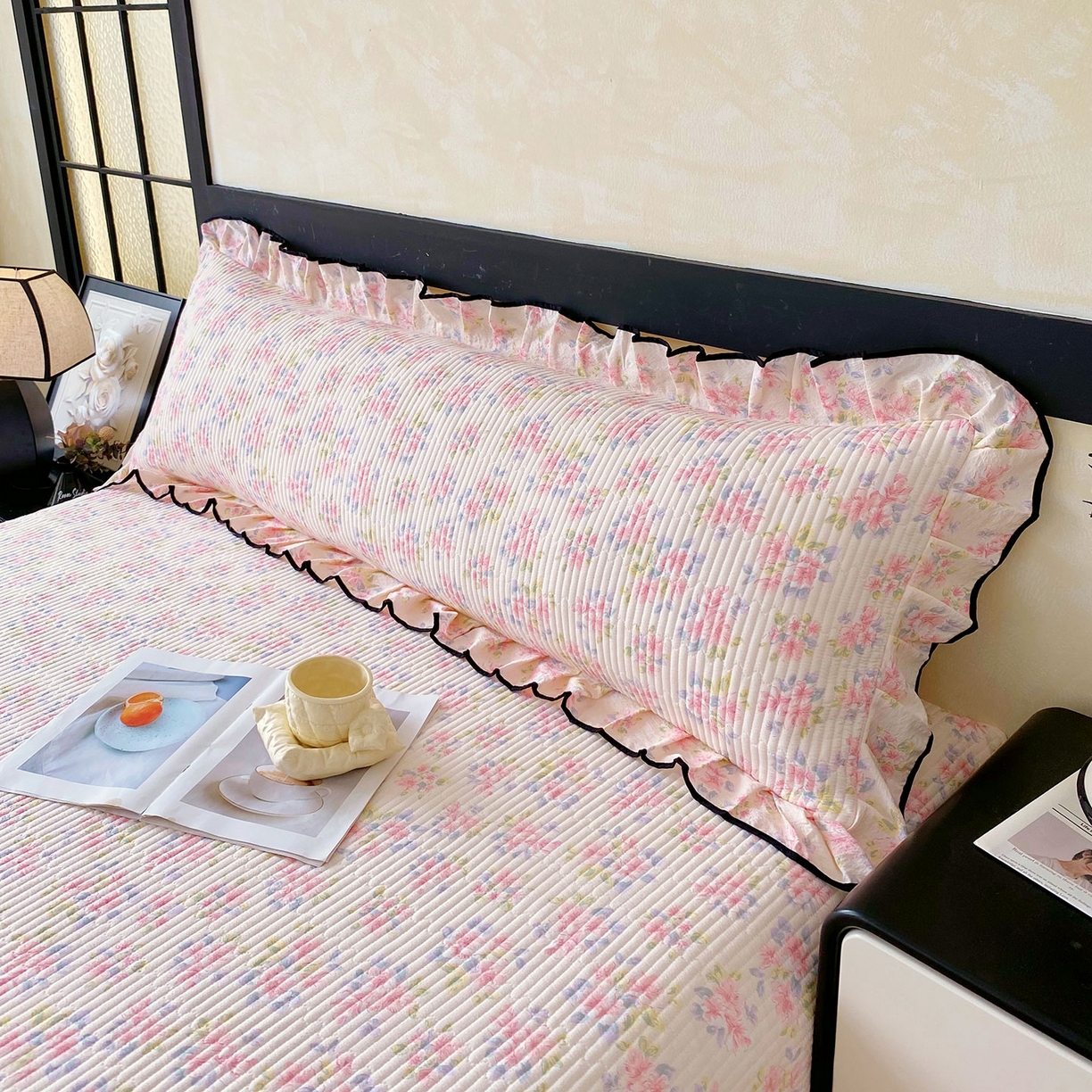 91家纺网 家纺一手货源 找家纺 雨彤家纺 2025新款A类公主风云感双层纱夹棉加长花边款枕套 槐夏风清-公主风