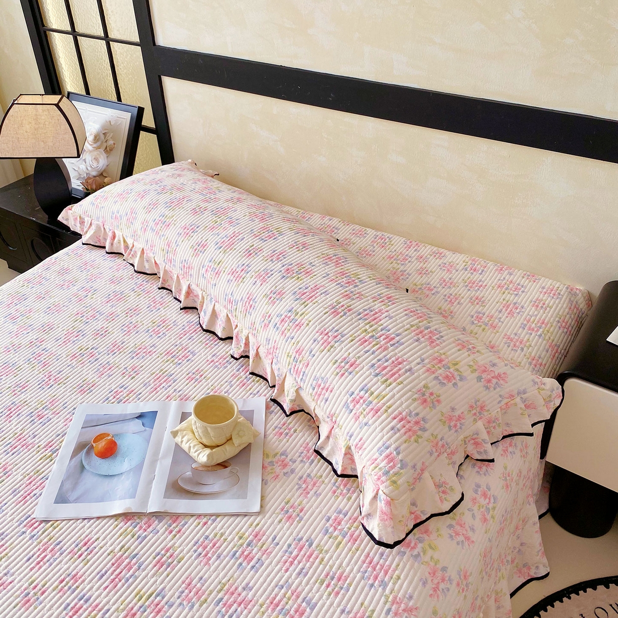 91家纺网 家纺一手货源 找家纺 雨彤家纺 2025新款A类公主风云感双层纱夹棉加长花边款枕套 槐夏风清-公主风