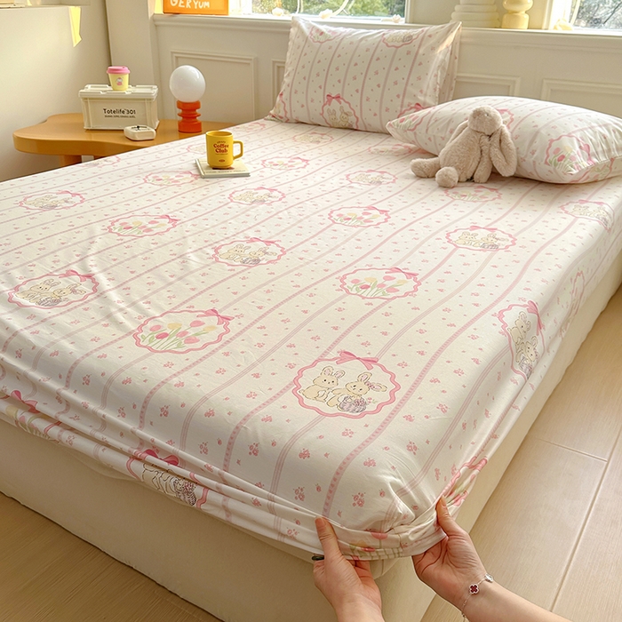 91家纺网 家纺一手货源 找家纺 希诺家居 2025新款全棉纯棉卡通小清新床笠 粉兔酱