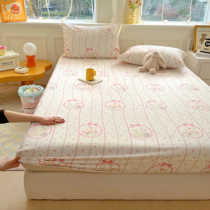 91家纺网 家纺一手货源 找家纺 希诺家居 2025新款全棉纯棉卡通小清新床笠 粉兔酱