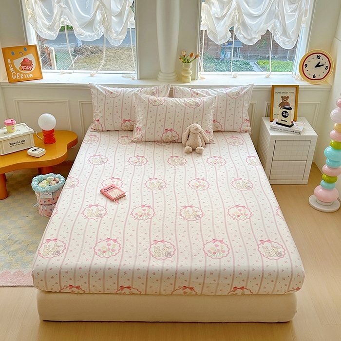 91家纺网 家纺一手货源 找家纺 希诺家居 2025新款全棉纯棉卡通小清新床笠 粉兔酱