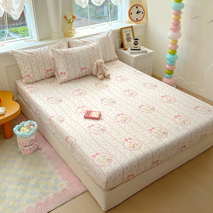 91家纺网 家纺一手货源 找家纺 希诺家居 2025新款全棉纯棉卡通小清新床笠 粉兔酱