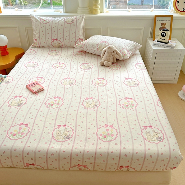 91家纺网 家纺一手货源 找家纺 希诺家居 2025新款全棉纯棉卡通小清新床笠 粉兔酱