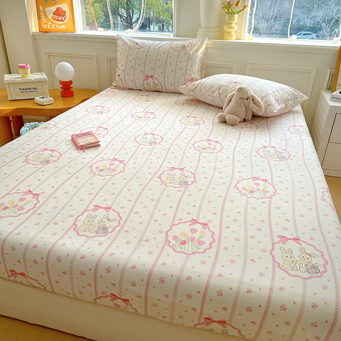 91家纺网 家纺一手货源 找家纺 希诺家居 2025新款全棉纯棉卡通小清新床笠 粉兔酱