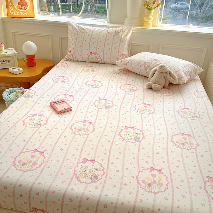 91家纺网 家纺一手货源 找家纺 希诺家居 2025新款全棉纯棉卡通小清新床笠 粉兔酱