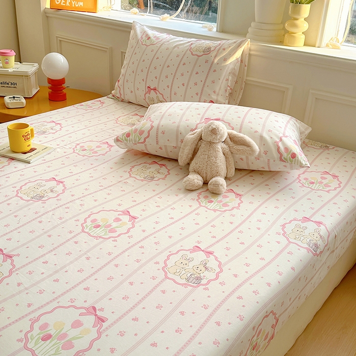 91家纺网 家纺一手货源 找家纺 希诺家居 2025新款全棉纯棉卡通小清新床笠 粉兔酱