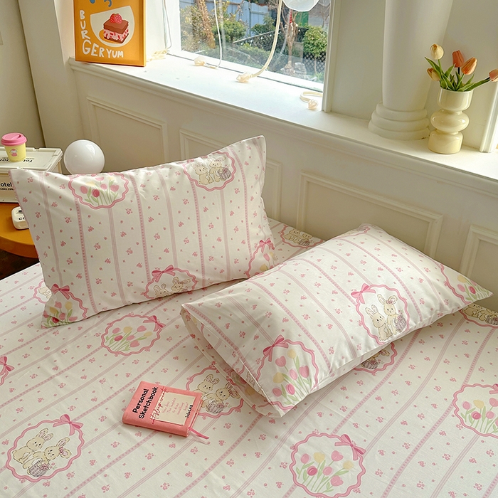 91家纺网 家纺一手货源 找家纺 希诺家居 2025新款全棉纯棉卡通小清新床笠 粉兔酱