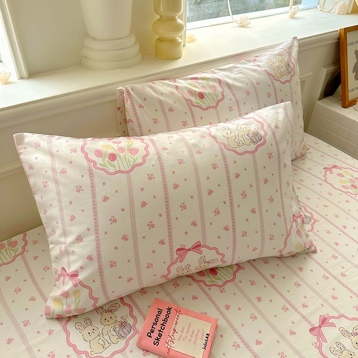 91家纺网 家纺一手货源 找家纺 希诺家居 2025新款全棉纯棉卡通小清新床笠 粉兔酱