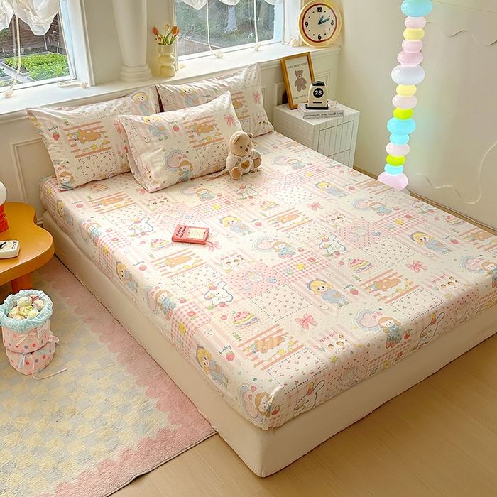 91家纺网 家纺一手货源 找家纺 希诺家居 2025新款全棉纯棉卡通小清新床笠 花园派对