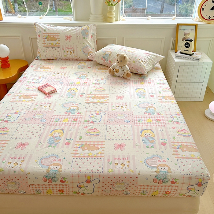 91家纺网 家纺一手货源 找家纺 希诺家居 2025新款全棉纯棉卡通小清新床笠 花园派对