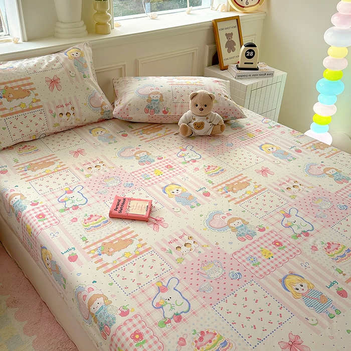 91家纺网 家纺一手货源 找家纺 希诺家居 2025新款全棉纯棉卡通小清新床笠 花园派对