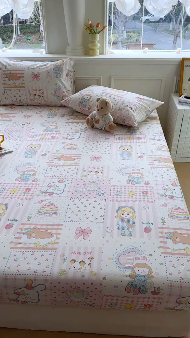 91家纺网 家纺一手货源 找家纺 希诺家居 2025新款全棉纯棉卡通小清新床笠 花园派对