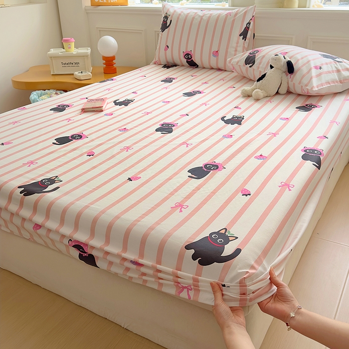 91家纺网 家纺一手货源 找家纺 希诺家居 2025新款全棉纯棉卡通小清新床笠 条纹黑猫