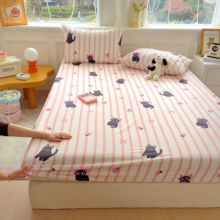 91家纺网 家纺一手货源 找家纺 希诺家居 2025新款全棉纯棉卡通小清新床笠 条纹黑猫