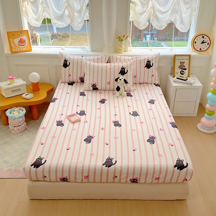 91家纺网 家纺一手货源 找家纺 希诺家居 2025新款全棉纯棉卡通小清新床笠 条纹黑猫